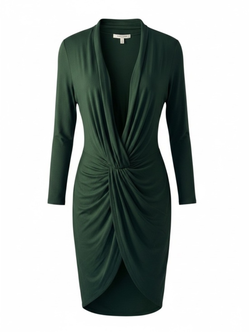 Twist-Front Long Sleeve V-Neck Dress in Forest Green